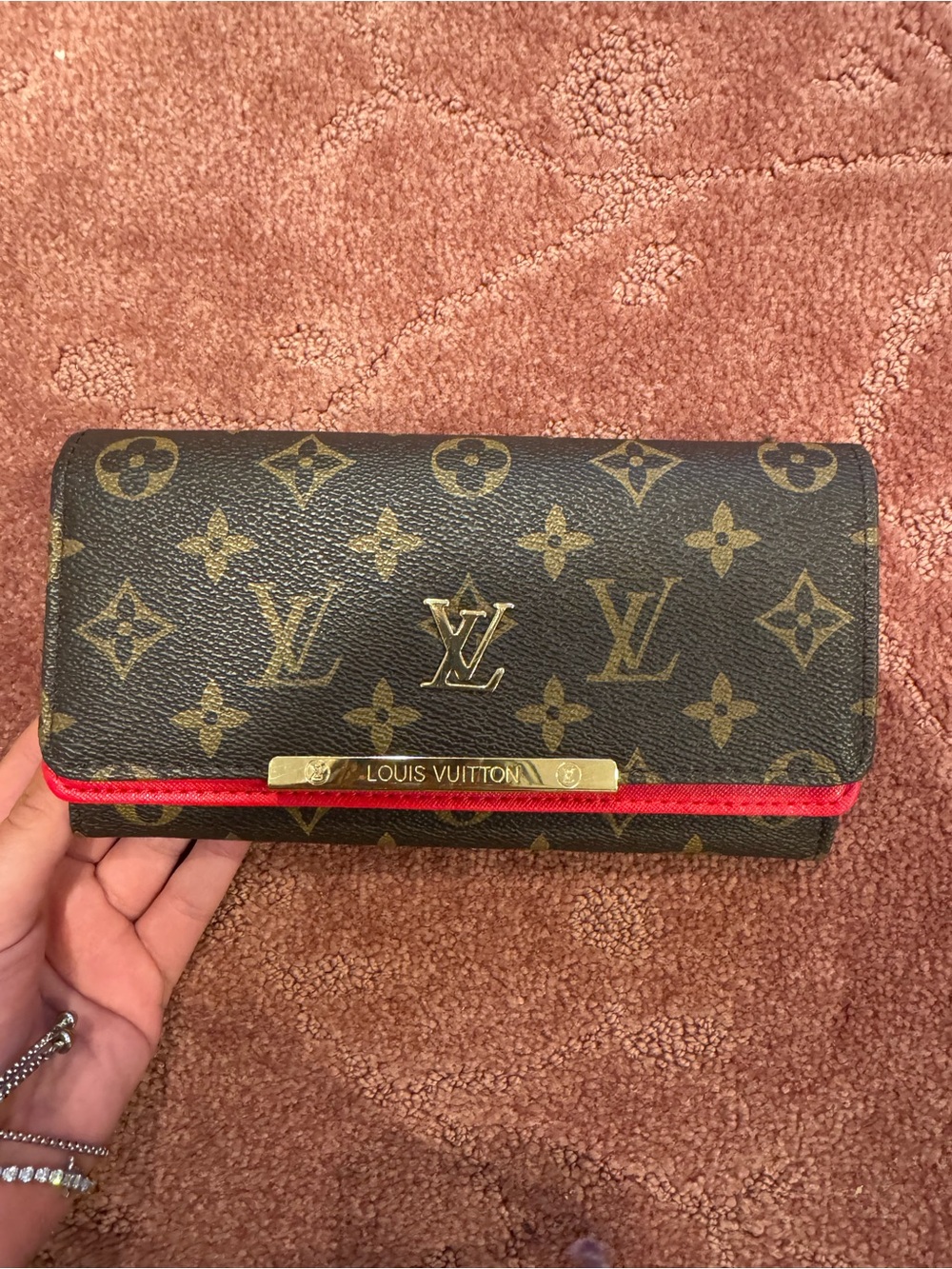 Louis Vuitton Monogram Continental Wallet in Brown with Red Trim